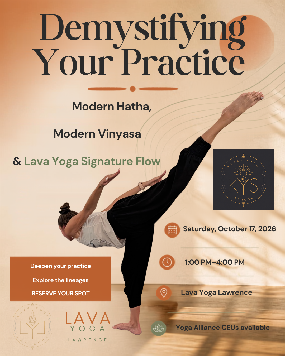 Demystifying Your Practice workshop flyer: Modern Hatha, Modern Vinyasa and Lava Yoga Signature Flow, Saturday October 17 2026, 1-4 PM